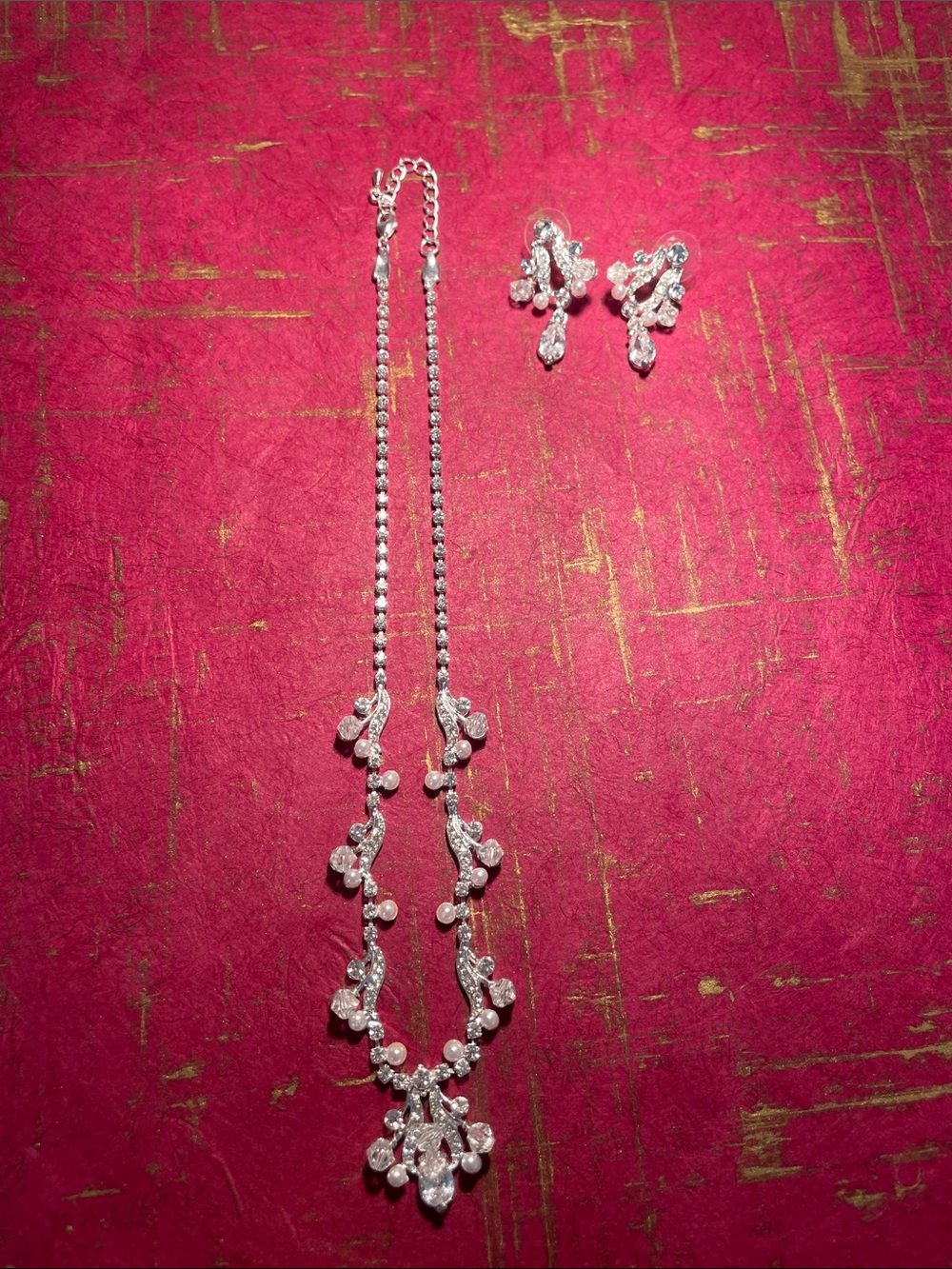 David's Bridal Silver Crystal Drop Necklace and Earrings Set